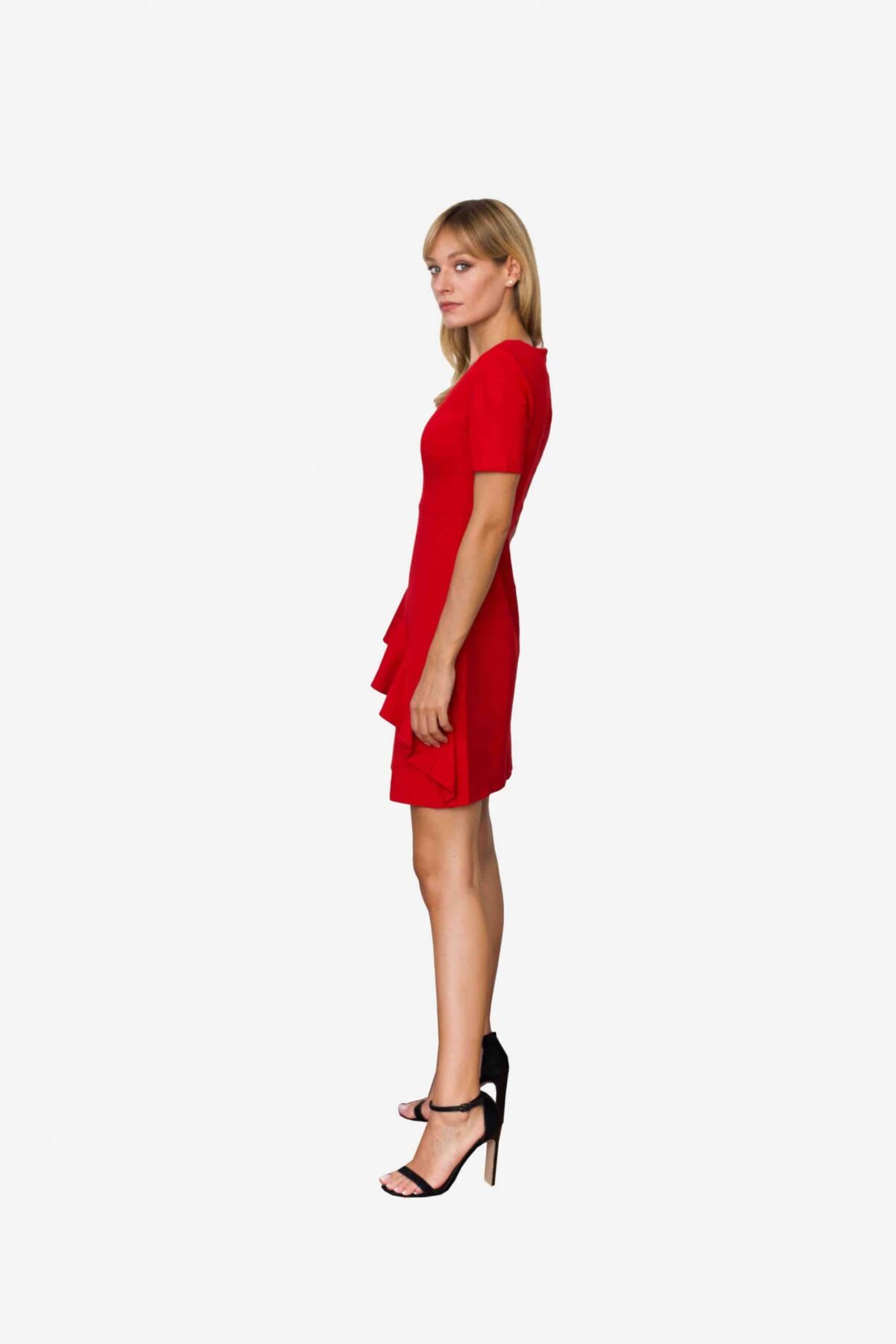 Kleid Loretta von SANOGE. Feminines Etuikleid in rot mit Volant und kurzem Arm. Knielang. Aus rotem Premium Jersey. Deutsche Designer Mode.