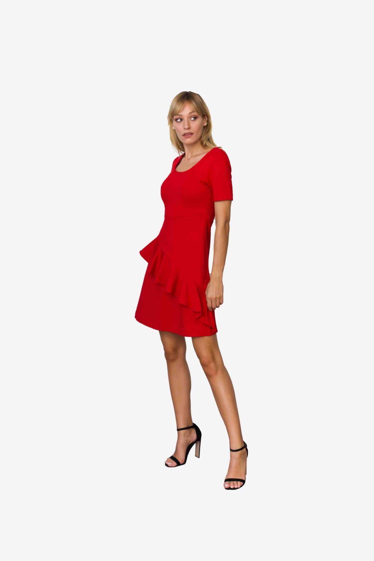 Kleid Loretta von SANOGE. Feminines Etuikleid in rot mit Volant und kurzem Arm. Knielang. Aus rotem Premium Jersey.